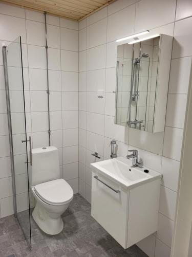 a white bathroom with a toilet and a sink at Yksiö Sarvvikissa in Kirkkonummi