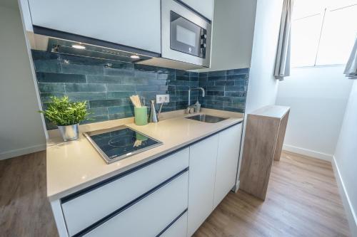 una cucina con un lavello e un piano di lavoro di Spirit Apartamentos Valladolid Centro a Valladolid