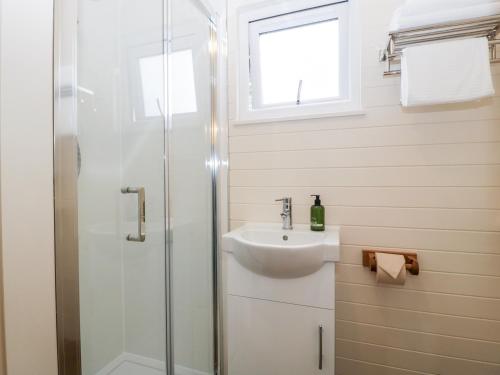a bathroom with a sink and a shower at Hazel in Cirencester