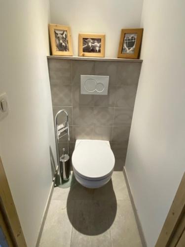 La salle de bains est pourvue de toilettes avec 2 photos sur le mur. dans l'établissement Le Bouquetin for 8 person, à Aime La Plagne