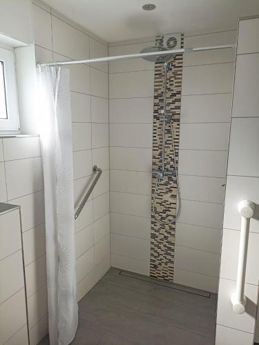 a shower with a glass door in a bathroom at Bed and Bike Rheine in Rheine