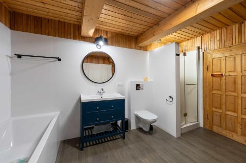 uma casa de banho com um lavatório, um WC e um espelho. em Dom na Szczycie Góry Równica em Ustroń