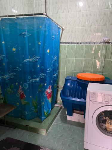 un bagno con vasca per pesci accanto a una lavatrice di Jyrgal jashoo guest house 