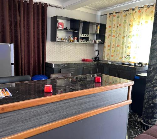 a kitchen with a bar with a counter top at Safari Lake view apartments, Muyenga in Kampala