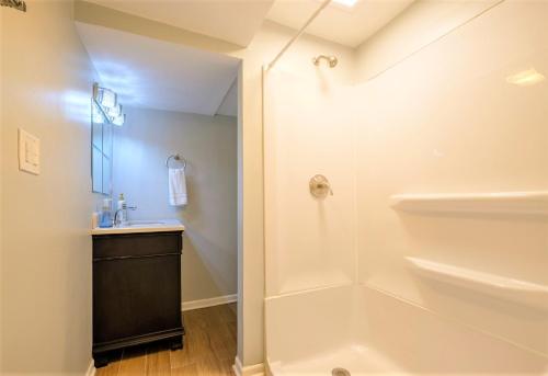 a bathroom with a shower and a sink at 2-Acre Highland Park Retreat with Heated Pool ~ 5* in Highland Park