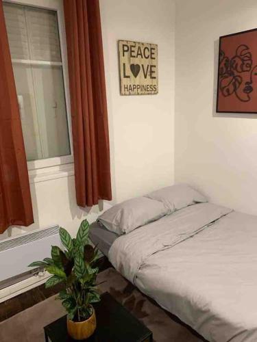 - une chambre avec un lit et une fenêtre avec une plante en pot dans l'établissement Studio chaleureux Paris 20e, à Paris