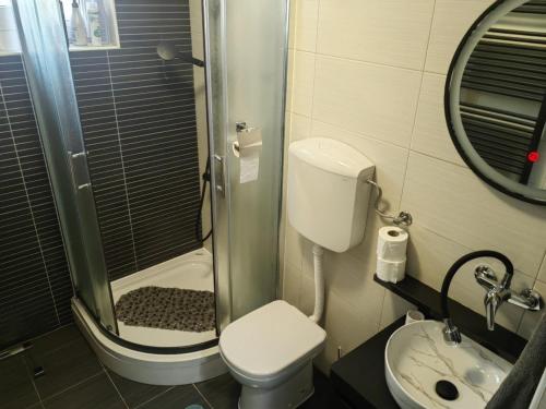 La petite salle de bains est pourvue de toilettes et d'un lavabo. dans l'établissement Kuća Barbara, à Slavonski Brod