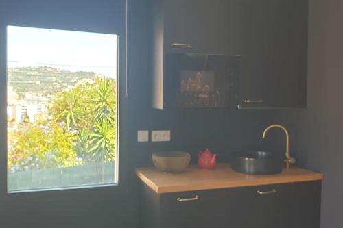 une cuisine avec un évier et une fenêtre dans l'établissement Studio neuf indépendant terrasse, à Cannes