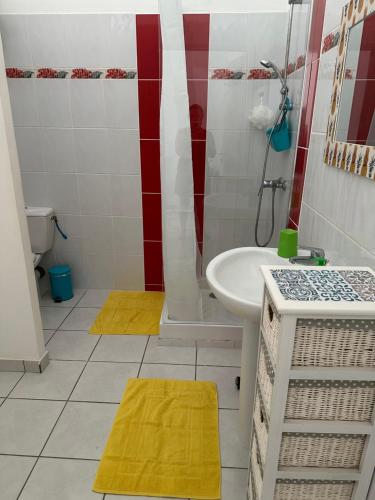 a bathroom with a sink and a shower and a toilet at Les Lianes De Jade in Deshaies