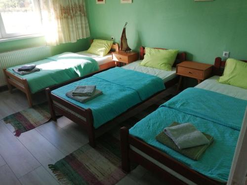 Cette chambre comprend 3 lits avec des draps verts. dans l'établissement Kuća Jovanka, à Zaječar