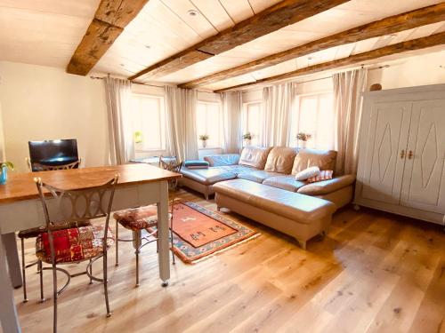 a living room with a couch and a table at Ganze Wohnung - Erdgeschoss - sehr ruhig - Hundefreundlich - Regendusche - Bodenheizung - Küche - easy Check-in mit Schlüsselbox in Nehren