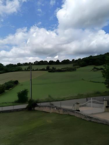 Blick auf ein grünes Feld mit einem Zaun in der Unterkunft Pour une halte aux portes de Bourgoin 