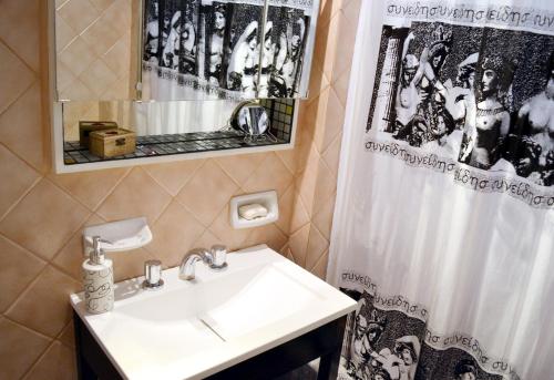 a bathroom with a sink and a shower curtain at Apartment Dr.Romulo Naon in Buenos Aires