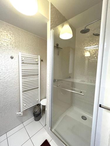 La salle de bains est pourvue d'une douche et d'une douche vitrée. dans l'établissement L'appartement Terrasse de Grenelle, à Paris