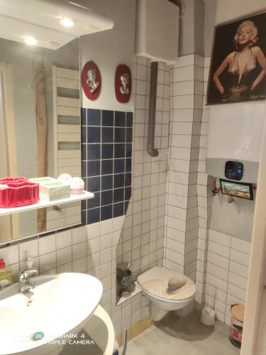 une salle de bain avec toilettes et lavabo dans l'établissement T1 Centre ville 1500m de la plage 15 km de l'Etretat, à Fécamp