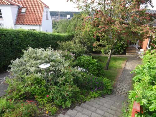 a garden with flowers and a frisbee on a bush at Casa Mundo Bed & Breakfast in Vejle