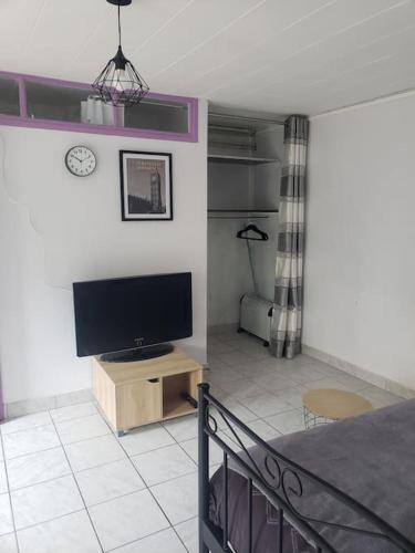 un salon avec une télévision à écran plat et un canapé dans l'établissement Studio Moyeuvre-Grande centre, à Moyeuvre-Grande