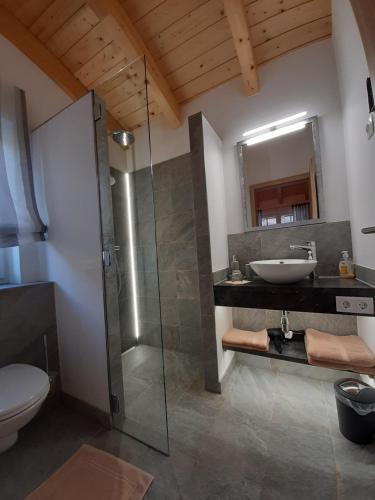 bagno con doccia, lavandino e servizi igienici di Hochalmbahnen Chalets Rauris 1-01 Maislaufeldweg 1a a Rauris