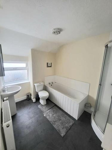 a bathroom with a tub and a toilet and a sink at The Dublin Packet Apartment in Holyhead