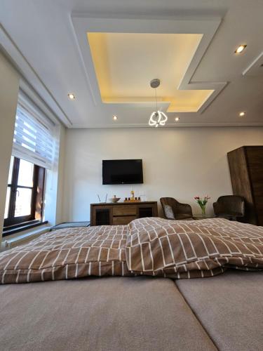 a bedroom with a bed and a tv on the ceiling at Apartmány NATIVE in Prešov