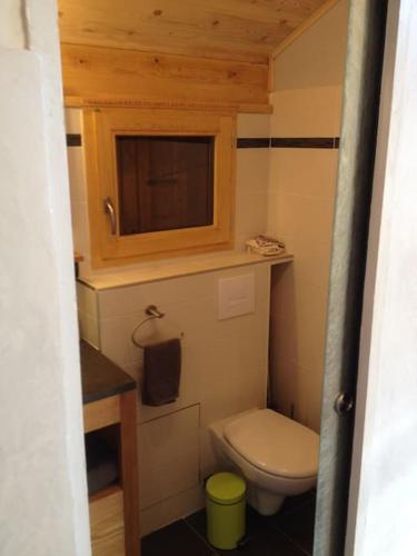 une petite salle de bain avec toilettes et lavabo dans l'établissement SAVOIE/ petit chalet studio meublé, à Aigueblanche