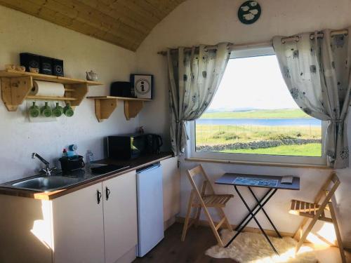 a kitchen with a sink and a window with a view at The Snuggly Sheep Farm Stay Shepherd Hut in Ballyshannon