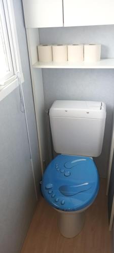 a small bathroom with a toilet with a blue lid at cottage Tangro in Middelkerke