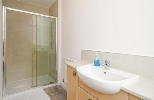 a white bathroom with a sink and a shower at RentMySpaHomeDOTcoDOTuk in Chesterfield