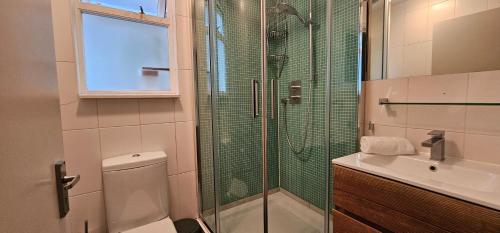 倫敦的住宿－維多利亞高級旅館，带淋浴、卫生间和盥洗盆的浴室