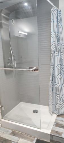 une douche avec une porte vitrée dans une salle de bain dans l'établissement Chez Bichette Saint Maximin, à Saint-Maximin-la-Sainte-Baume