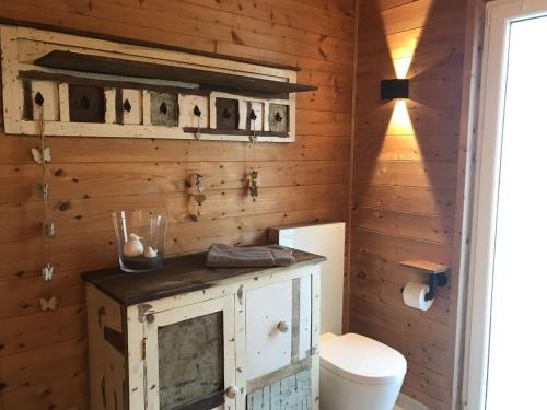 a bathroom with a toilet and a wooden wall at Obere-Seeterrasse in Rieden