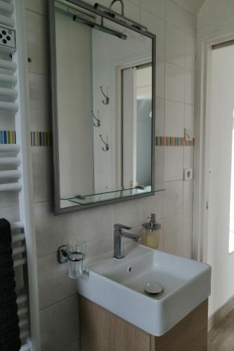 une salle de bain avec un lavabo et un miroir dans l'établissement Les Camélias, à Loctudy