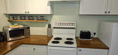 a kitchen with a stove and a microwave at Beautiful Spacious 5 Bed House in Fornham Saint Martin