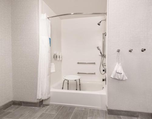 a bathroom with a tub and a stool in a shower at Hampton Inn Needles in Needles