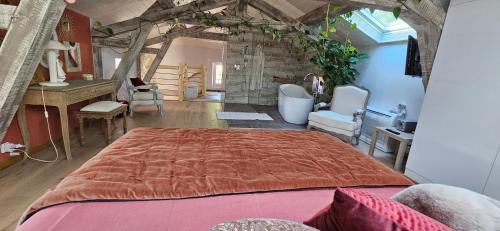 um quarto com uma cama grande e uma casa de banho em Nid douillet pour se ressourcer em Moissac