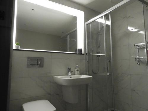 a bathroom with a sink and a shower with a mirror at Cheerful 3 bed in the heart of Fethard village in Fethard on Sea