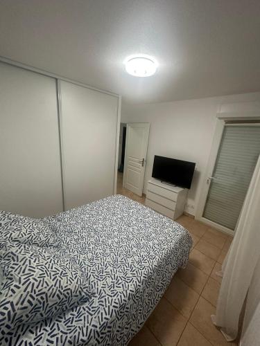 1 dormitorio con 1 cama y TV en Appartement T3 meublé pour un séjour en toute tranquillité en Perpiñán