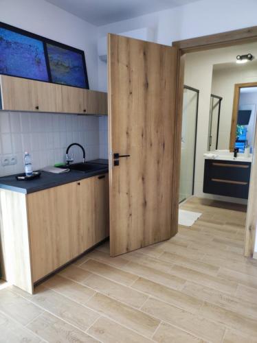 a kitchen with a wooden door in a room at Aquarius Stawy Walczewskiego 7 in Grodzisk Mazowiecki