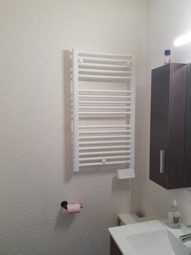 ein Badezimmer mit Waschbecken und einer Rolle Toilettenpapier in der Unterkunft LES FLORALIES 2 Studio 4 personnes climatisé, piscine dans la résidence et Parking privé disponible in Le Grau-du-Roi