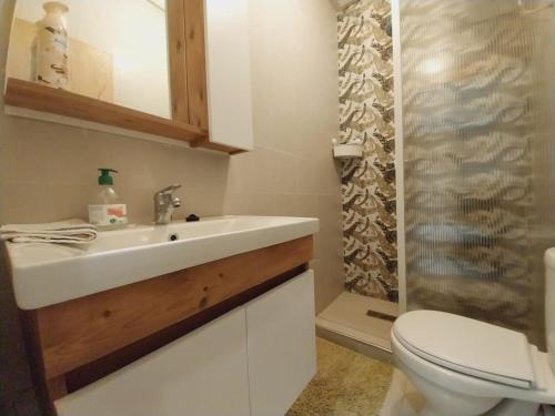 een badkamer met een wastafel, een toilet en een douche bij Appartement cosy proche Aéroport in Deroua