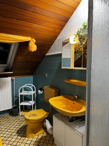 a bathroom with a yellow sink and a toilet at Fewo Klingelhöfer in Willingen