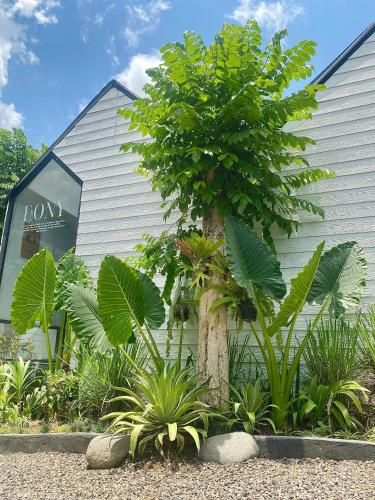a tree in front of a building with plants at The Jungle Hostel Canggu in Canggu