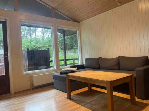 uma sala de estar com um sofá e uma mesa de centro em Lakeside cabin in Thingvellir em Úlfljótsvatn