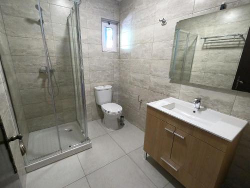 a bathroom with a shower and a toilet and a sink at Almada T4, Lazarim, Caparica in Almada