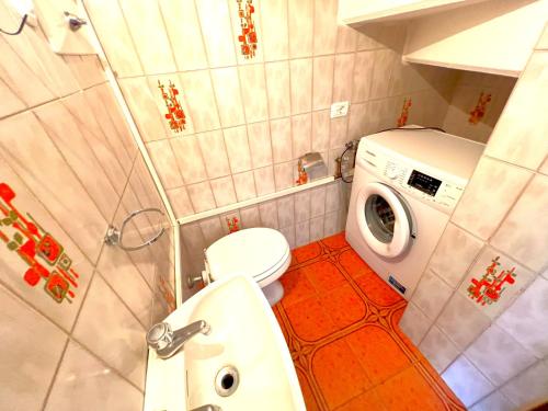 une petite salle de bains avec toilettes et lave-linge. dans l'établissement Paguro, à Principina a Mare