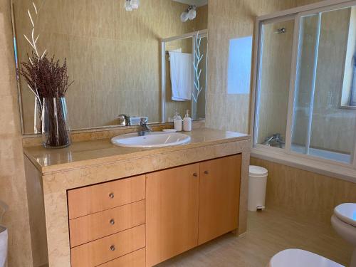 uma casa de banho com um lavatório, um espelho e um WC. em Casa do Lago, Privacidade e Beleza Natural em Esposende