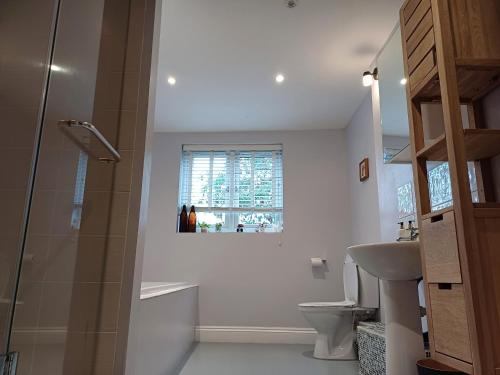 a bathroom with a shower and a toilet and a sink at Greengage House in Newport