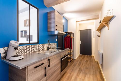 uma cozinha com paredes azuis, um lavatório e uma janela em LE COSMO Du Grand Bassin Avec Terrasse em Castelnaudary