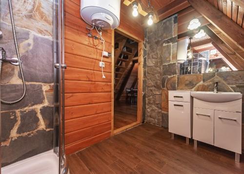 uma casa de banho com um chuveiro e um lavatório. em Domek Widok em Miedzybrodzie Bialskie