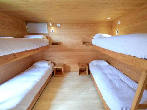 a small room with two beds and a tv at Lodge del Mar in Pichilemu